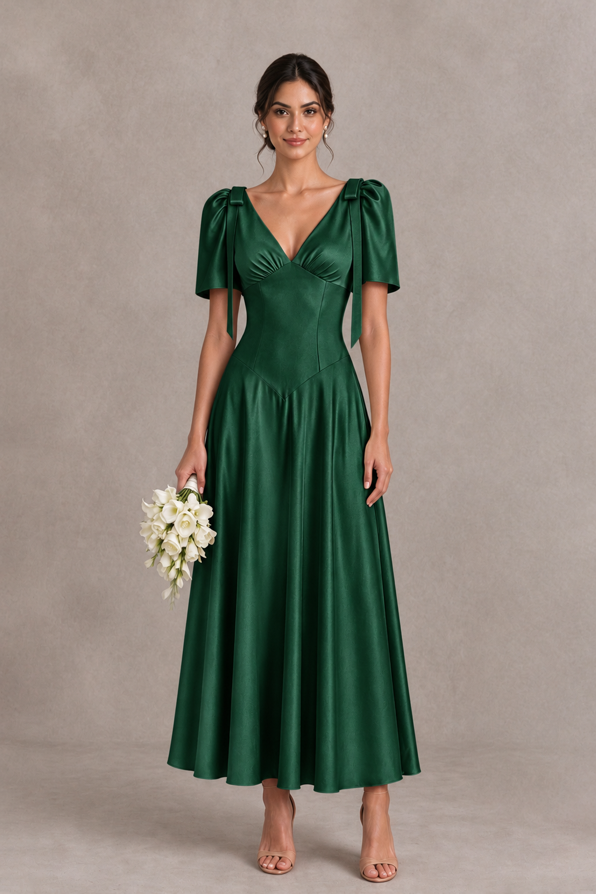 BOLODOO Emerald Green V-Neck Short Sleeve Satin-Look Bridesmaid Dress with Shoulder Bows - Emerald Green - Emerald Green_1