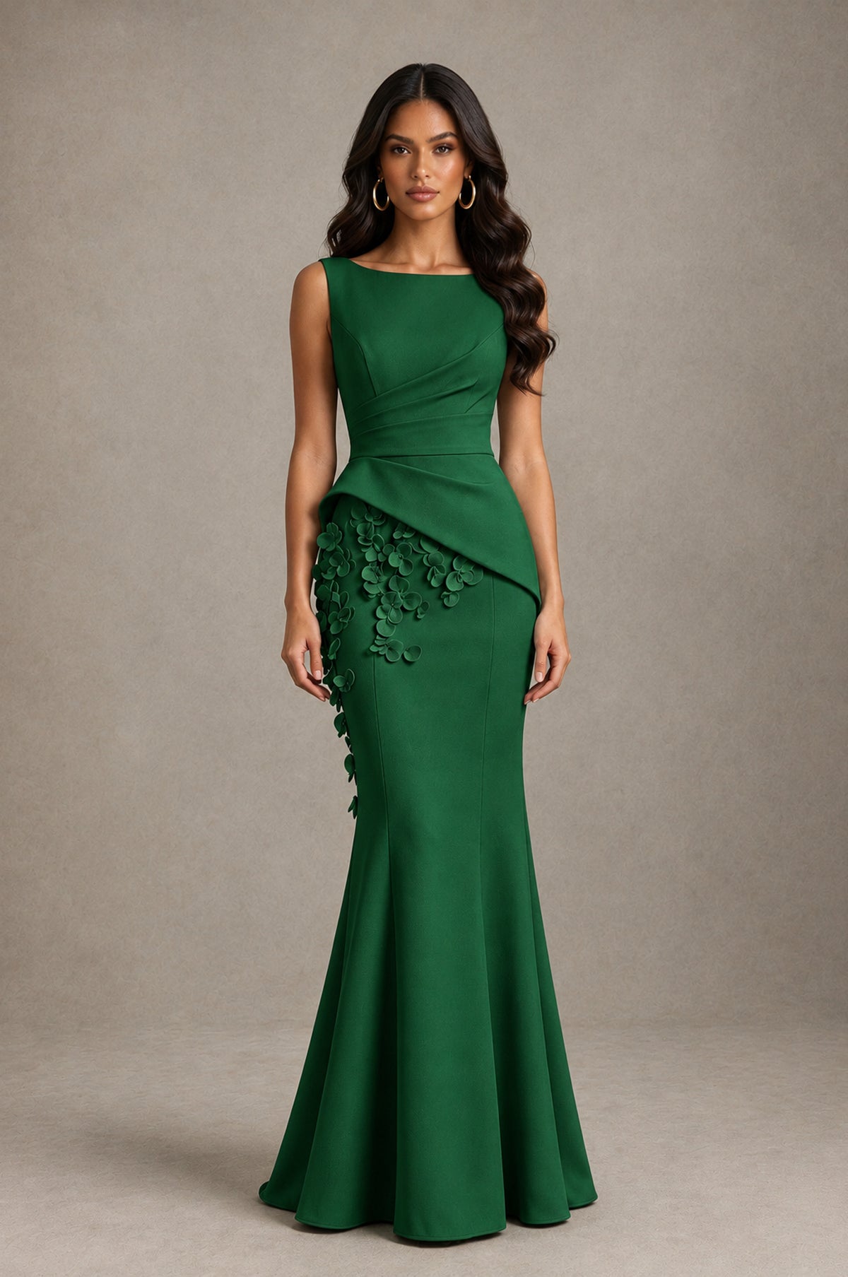 BOLODOO Emerald Green Bateau Neck Sleeveless Asymmetric Peplum 3D Petal Appliqué Mermaid Gown BD0421 - Emerald Green - Emerald Green_1