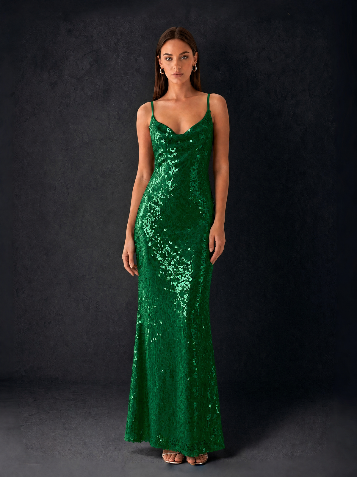 BOLODOO Bronze Sequin Cowl Neck Spaghetti Strap Mermaid Maxi Dress with Open Criss-Cross Back - Emerald Green - Emerald Green