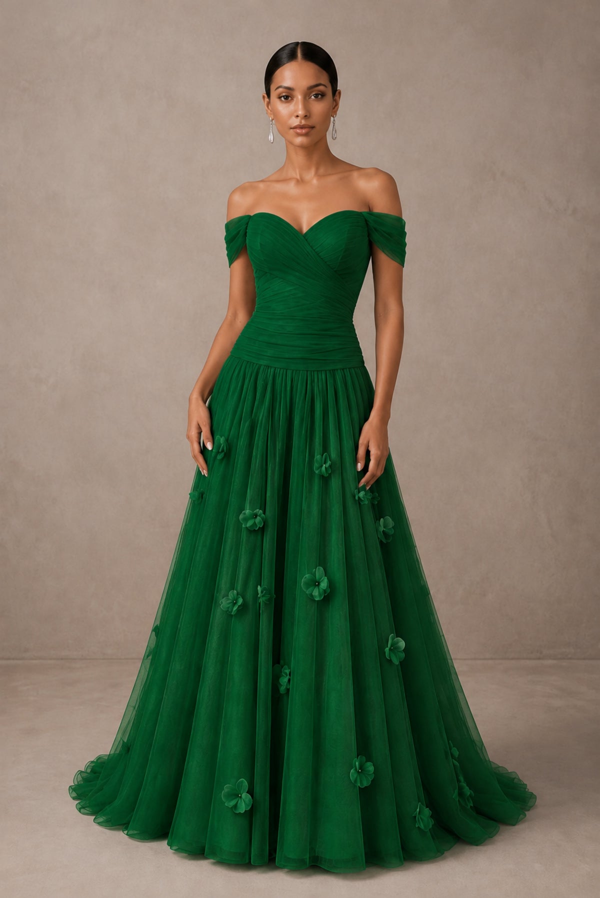 Emerald Green Off-Shoulder Sweetheart A-Line Tulle Gown with 3D Floral Appliques | BOLODOO - Emerald Green