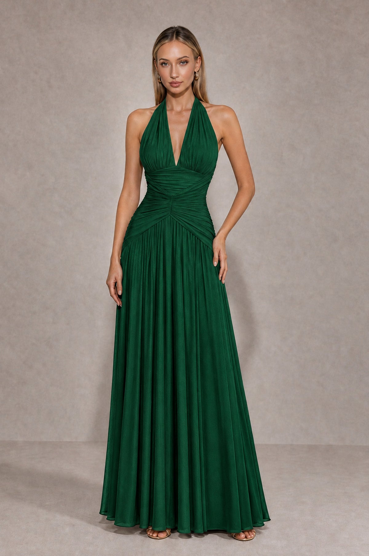 BOLODOO Emerald Green Chiffon Halter Deep V-Neck Ruched A-Line Backless Maxi Dress with Train-BD0167 - Emerald Green - Emerald Green_1