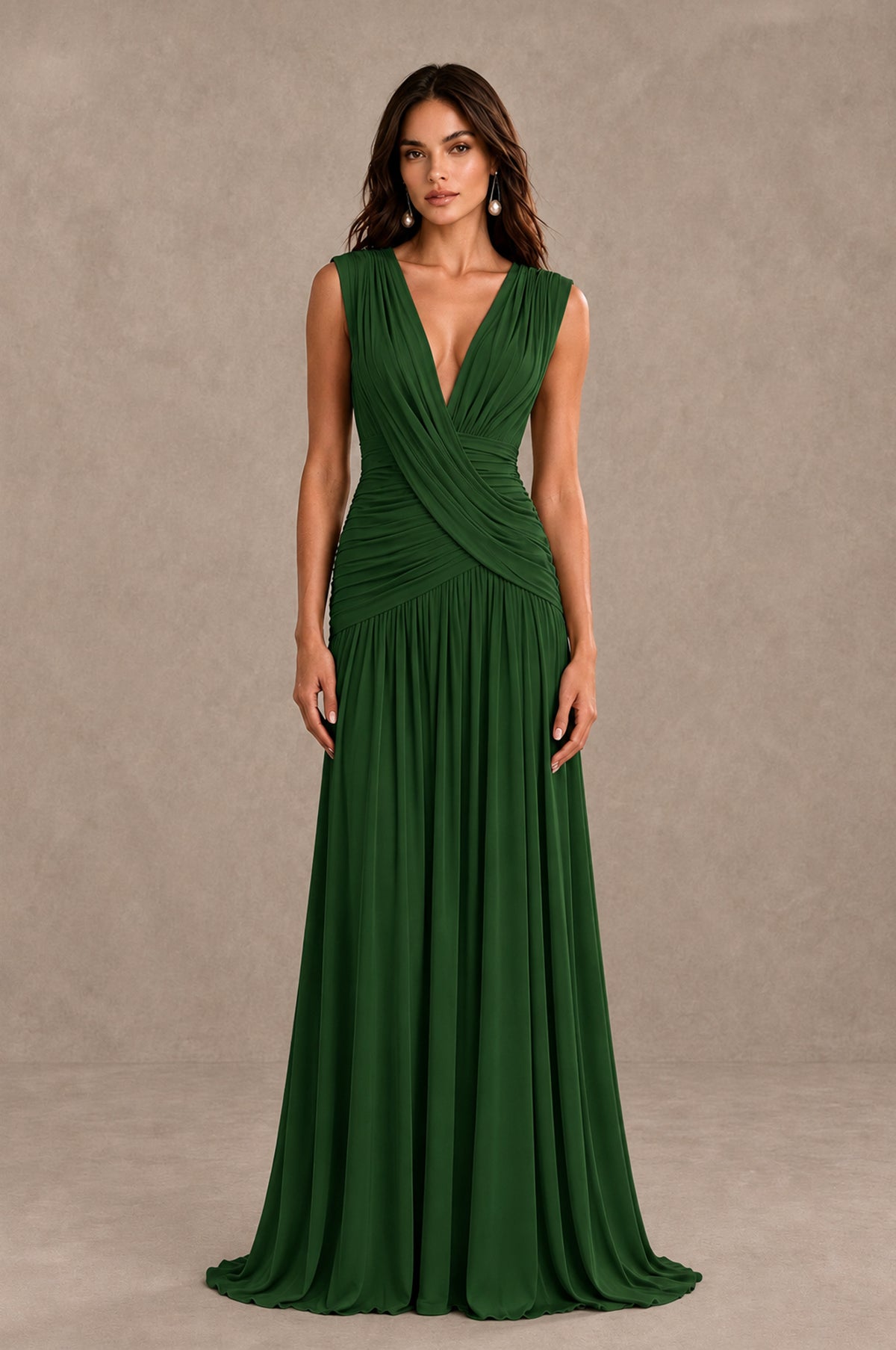 BOLODOO Emerald Green V-Neck Ruched Wedding Guest Dress - Emerald Green - Emerald Green_1