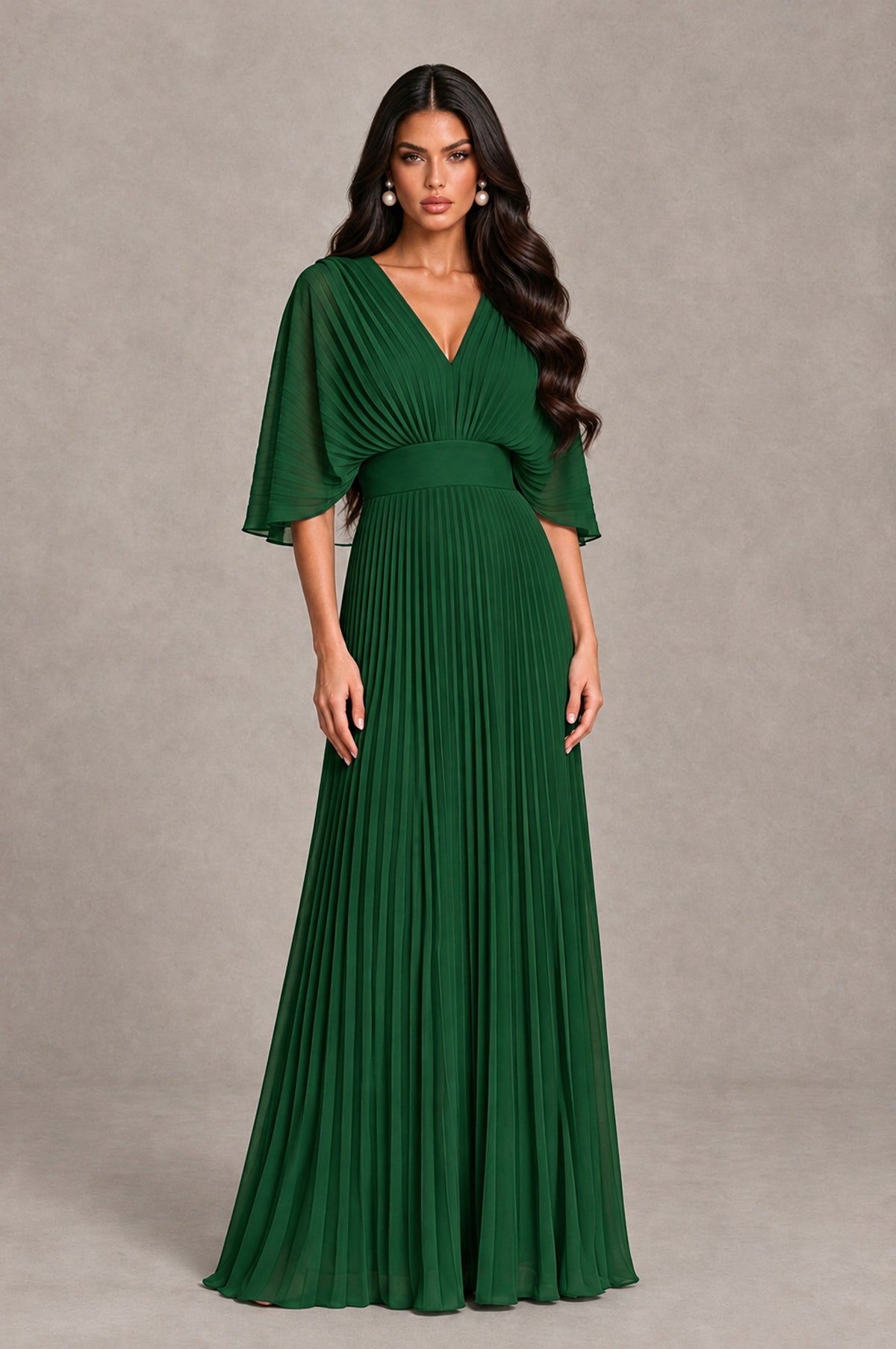 BOLODOO Emerald Green V-Neck Pleated Flutter Sleeve Formal Dress - Emerald Green - Emerald Green_1