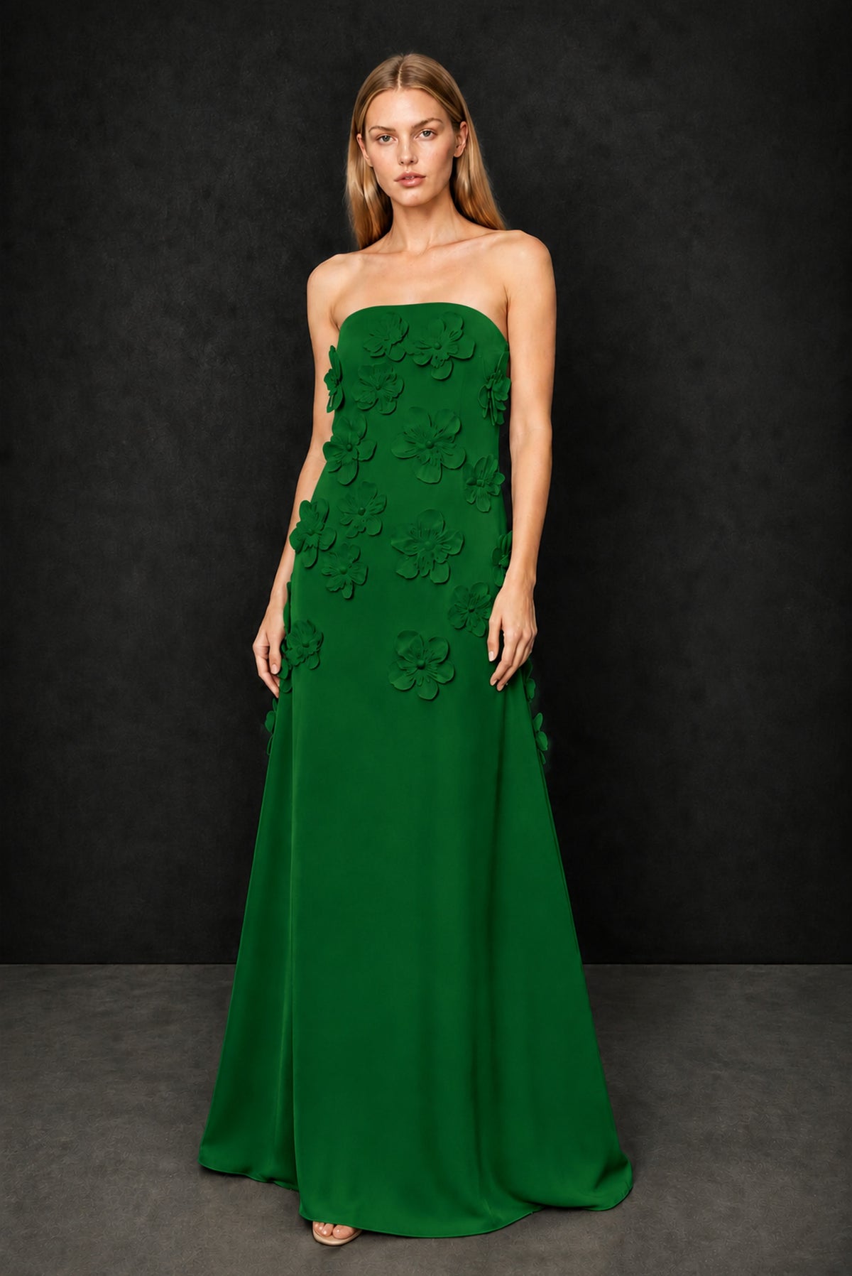 BOLODOO Emerald Green Strapless 3D Floral Appliqué Crepe Maxi Gown - Emerald Green