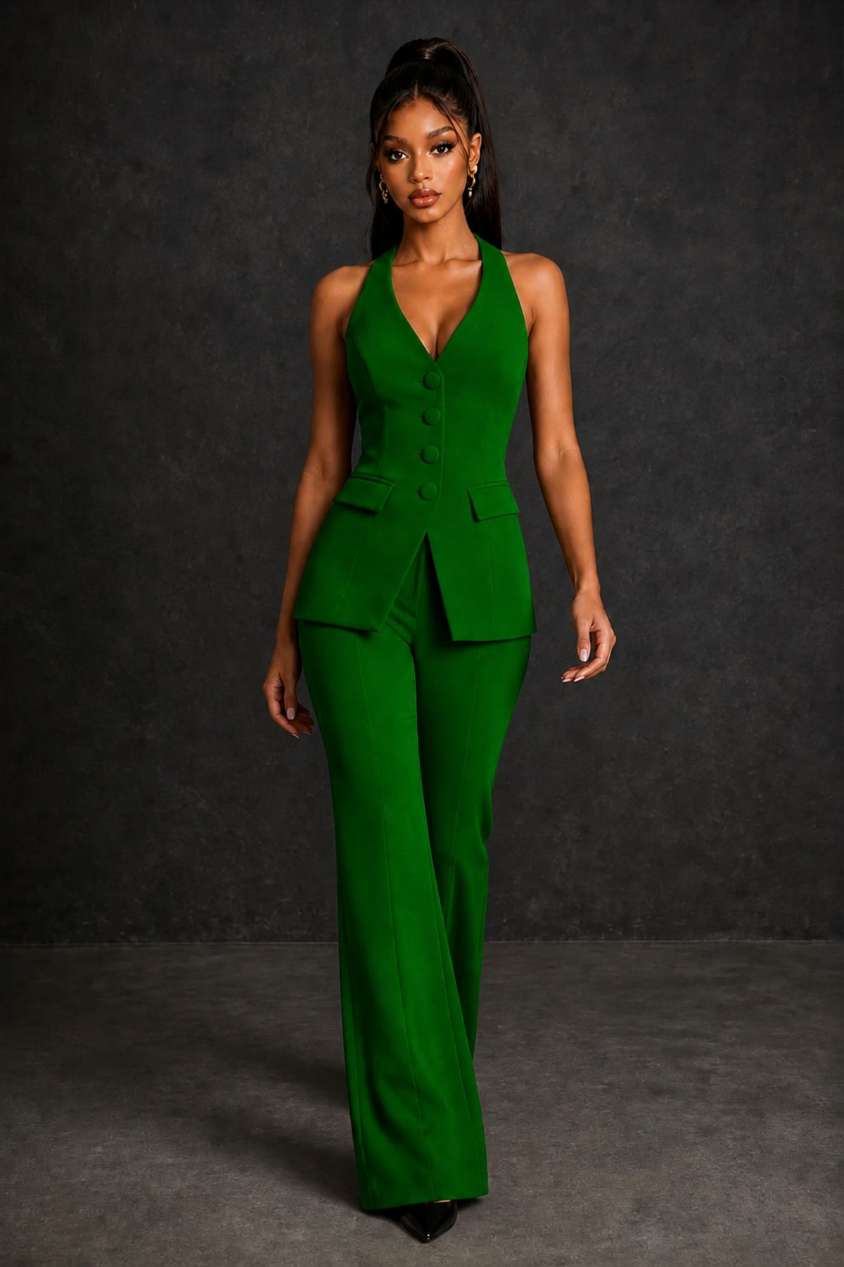 BOLODOO Emerald Green Halter Neck Deep V Open Back– Formal Suit with Wide-Leg Pants - Emerald Green
