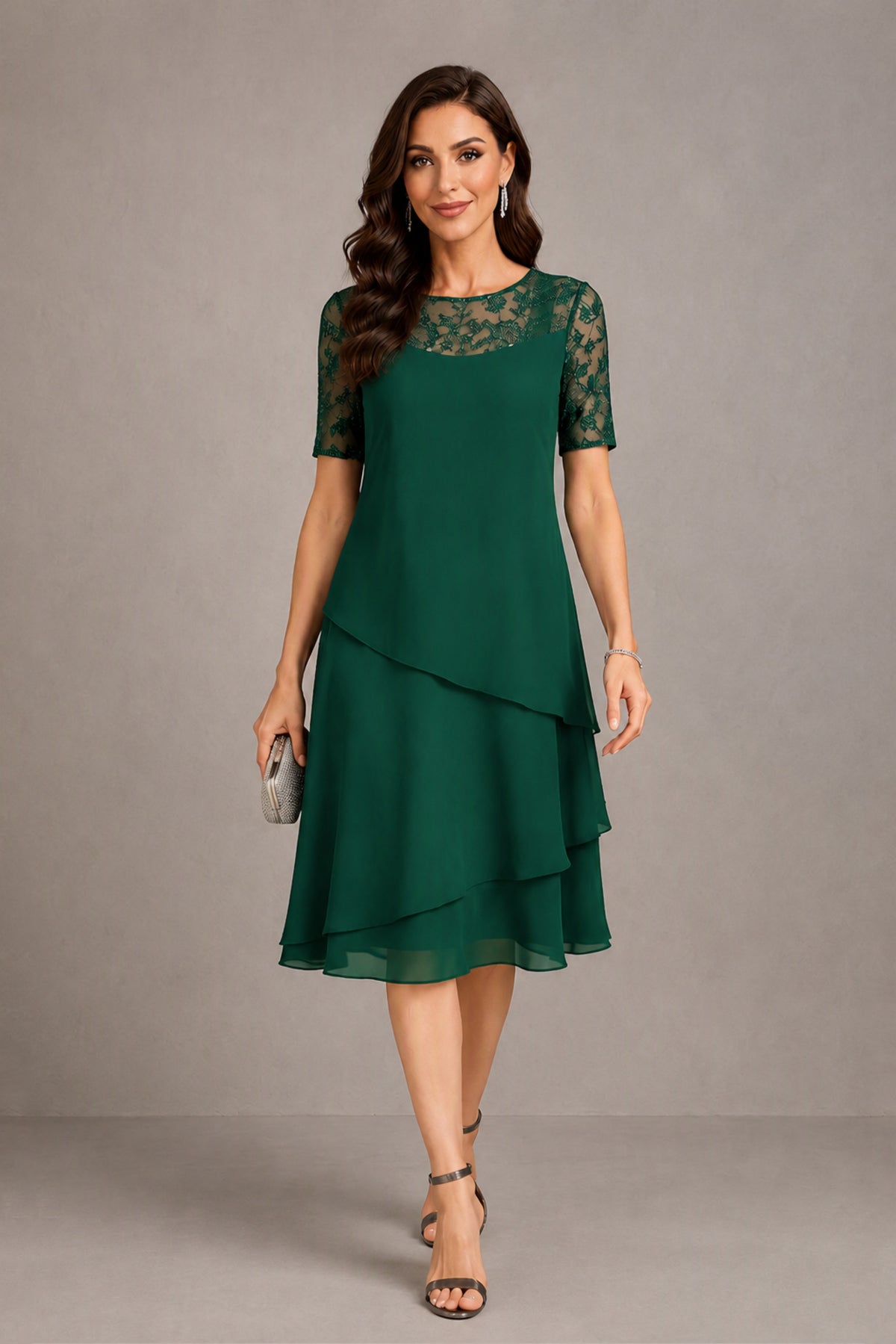 BOLODOO Emerald Green Illusion Lace Short Sleeve Tiered Chiffon Tea Length Dress | Mother of the Bride Midi Dress - Emerald Green