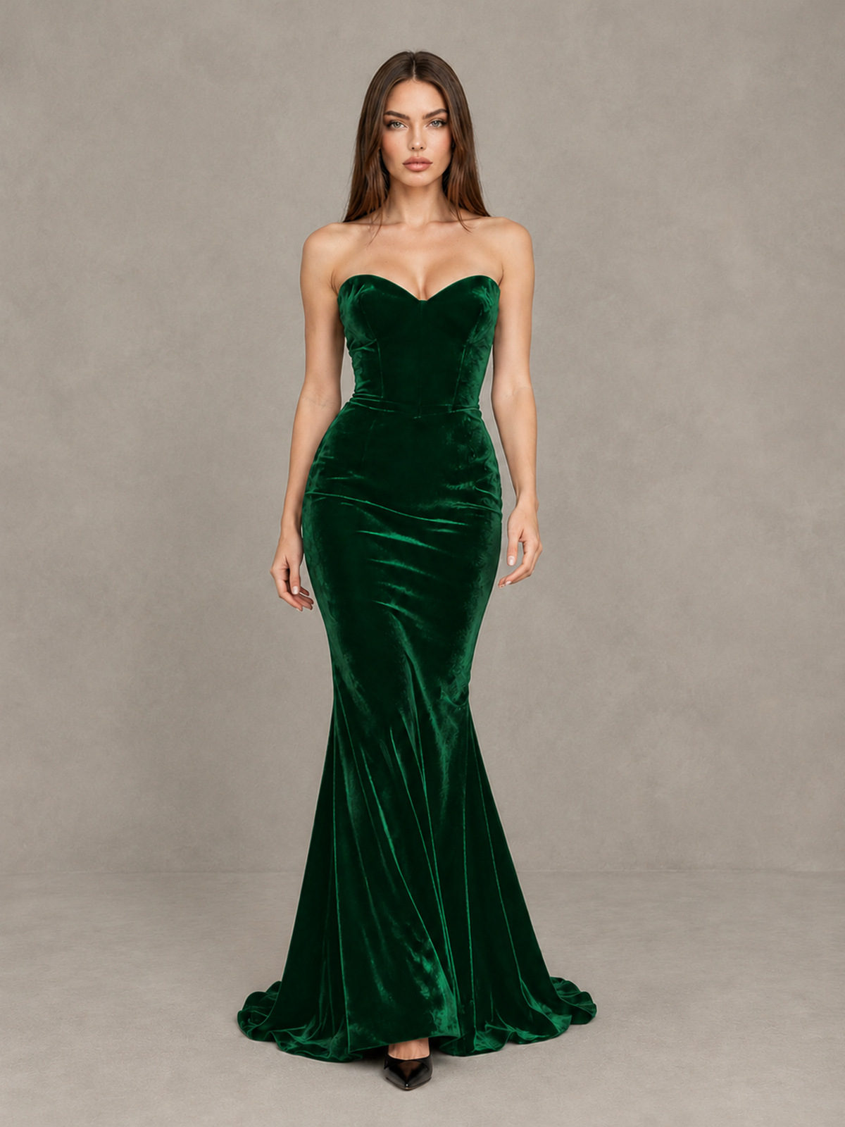 BOLODOO Emerald Green Strapless Sweetheart Velvet-Look Mermaid Evening Dress - Emerald Green - Emerald Green_1