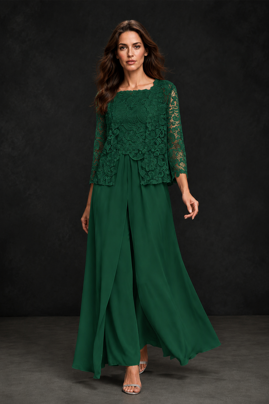 BOLODOO Emerald Green Grey Lace Peplum Top & Wide-Leg Chiffon Pants Set | Mother of the Bride & Formal Evening Outfit - Emerald Green
