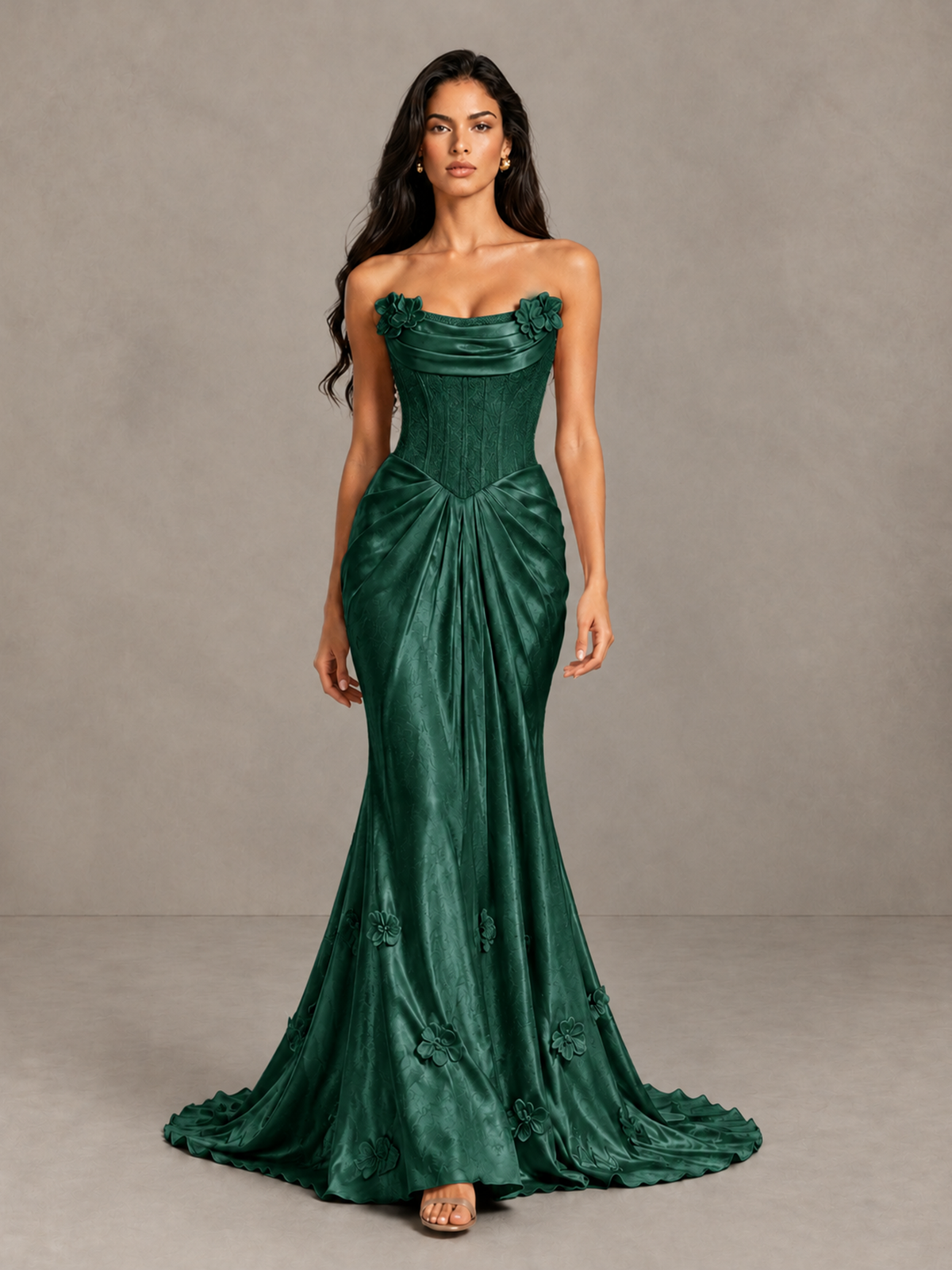 BOLODOO Emerald Green Strapless Floral Corset Evening Gown with Train - Emerald Green - Emerald Green_1