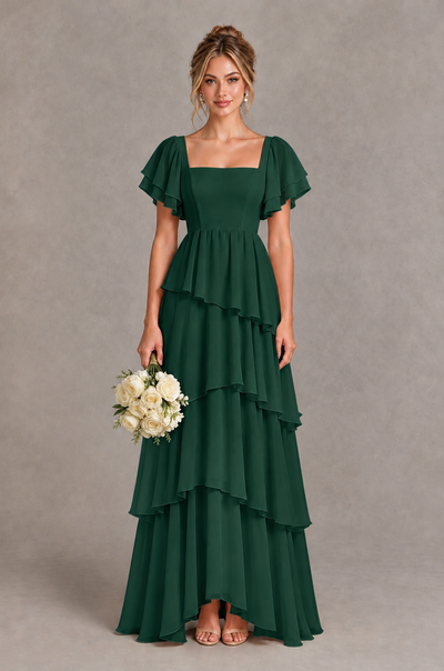 BOLODOO Emerald Green Square Neck Flutter Sleeve Tiered Chiffon Bridesmaid Dress with Lace-Up Back - Emerald Green - Emerald Green_1