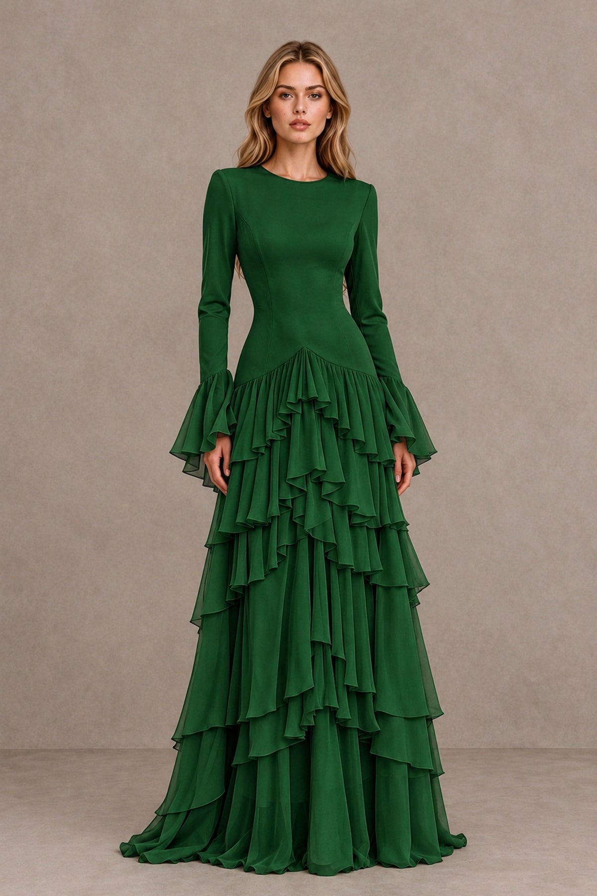 Emerald Green Long Sleeve Tiered Ruffle Evening Gown - Emerald Green - Emerald Green_1