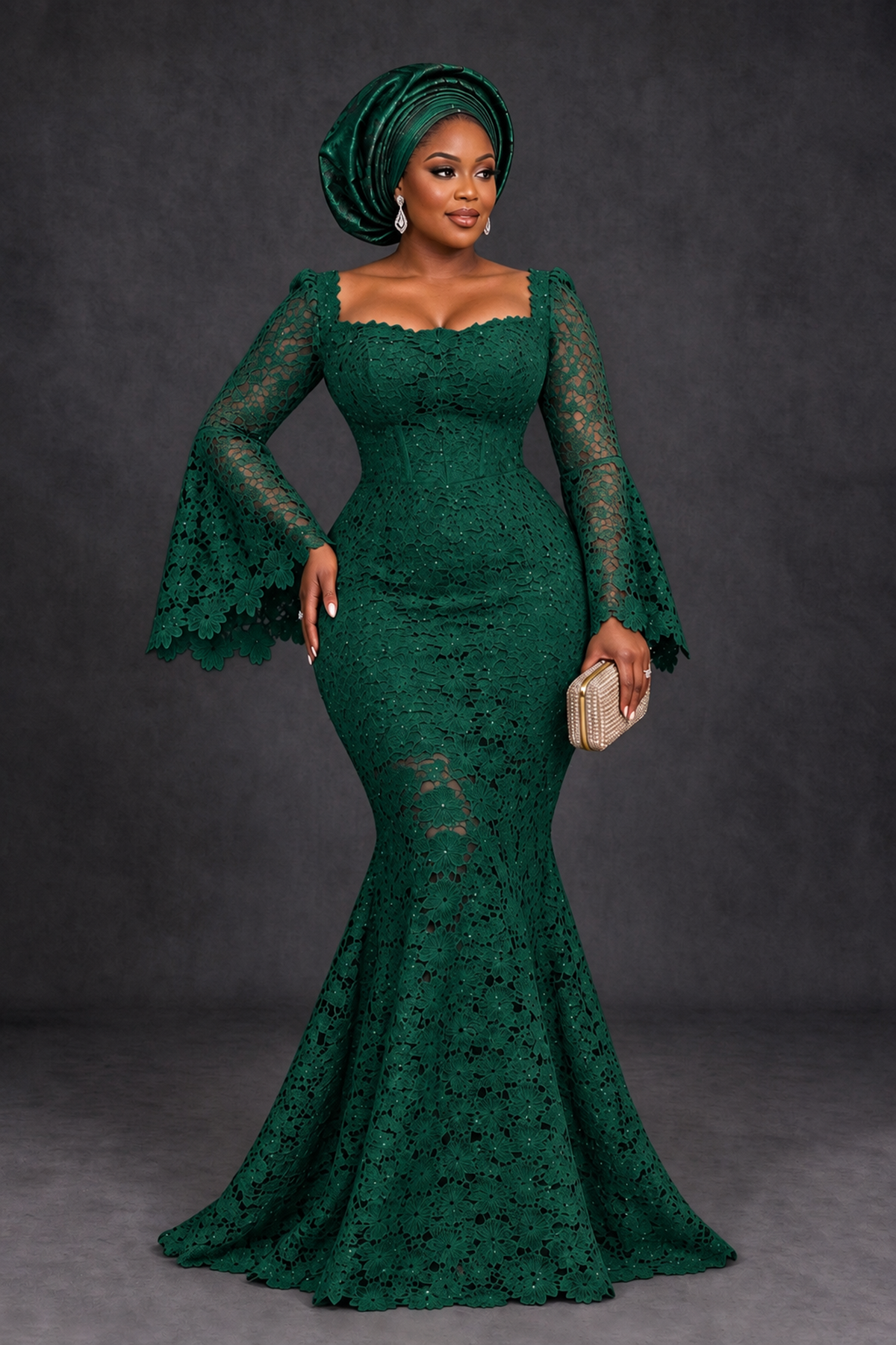 BOLODOO Emerald Green African Lace Mermaid Dress, Plus Size Nigerian Wedding Guest Gown with Bell Sleeves - Emerald Green - Emerald Green_1