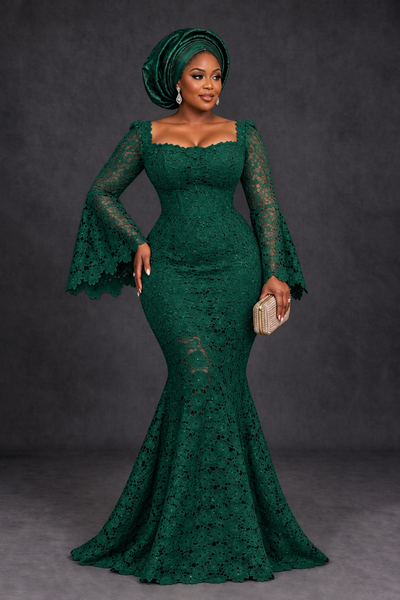BOLODOO Emerald Green African Lace Mermaid Dress, Plus Size Nigerian Wedding Guest Gown with Bell Sleeves - Emerald Green - Emerald Green_1