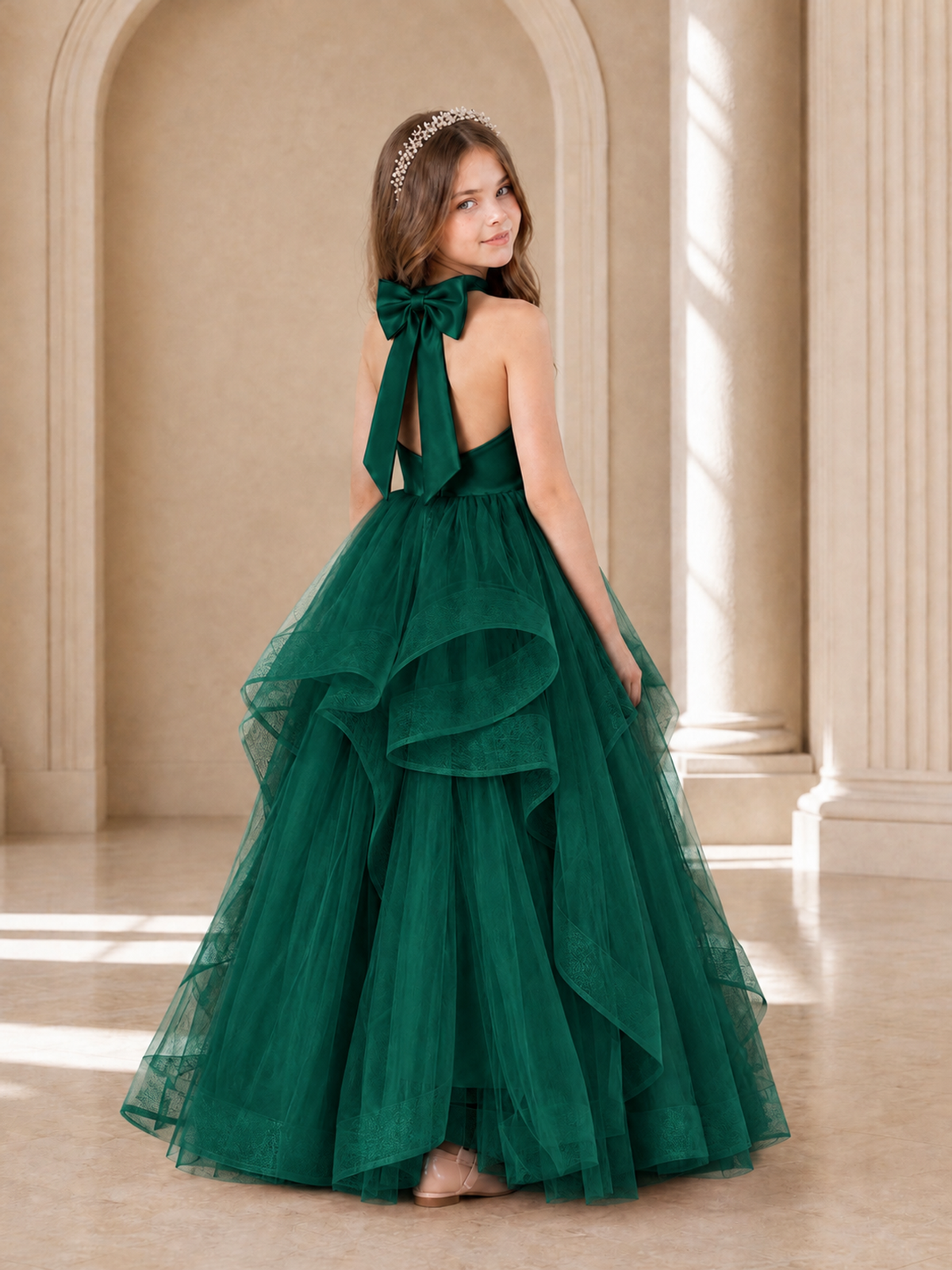 BOLODOO Emerald Green Halter Tiered Tulle Flower Girl Dress with Bow Back - Emerald Green - Emerald Green_1