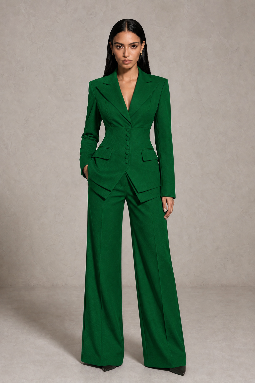 BOLODOO Emerald Green Cinched Waist Blazer and Wide Leg Pants Two Piece Suit Set - Emerald Green