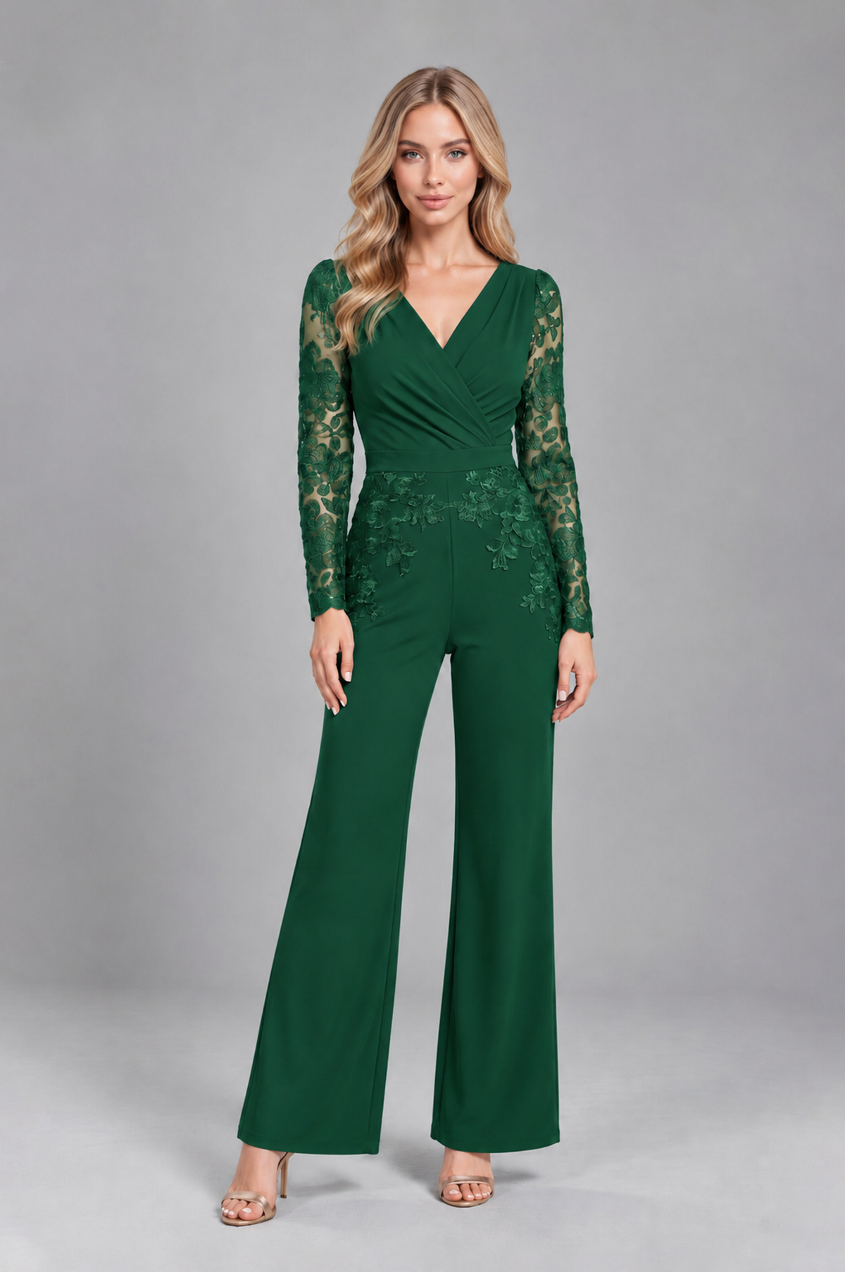 BOLODOO Emerald Green Lace Long-Sleeve V-Neck Mother Pant Suit - Emerald Green - Emerald Green_1
