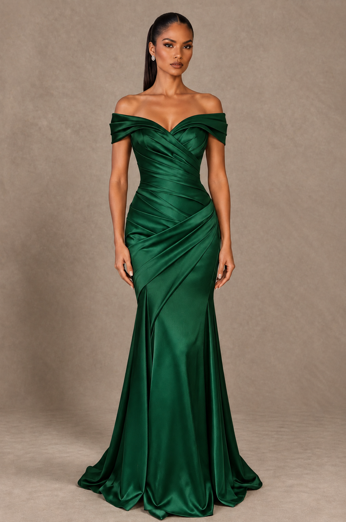 BOLODOO Emerald Green Off-the-Shoulder Ruched Satin Mermaid Evening Dress - Emerald Green - Emerald_Green_1