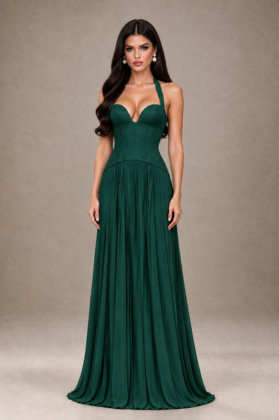 BOLODOO Emerald Green Halter Corset Pleated A-Line Evening Dress - Emerald Green - Emerald Green_1