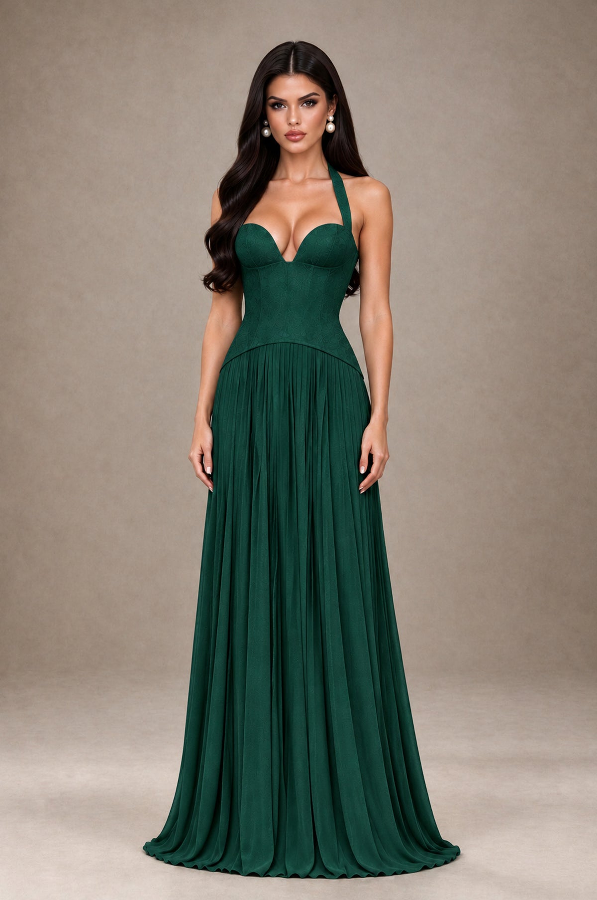 BOLODOO Emerald Green Halter Corset Pleated A-Line Evening Dress - Emerald Green - Emerald Green_1