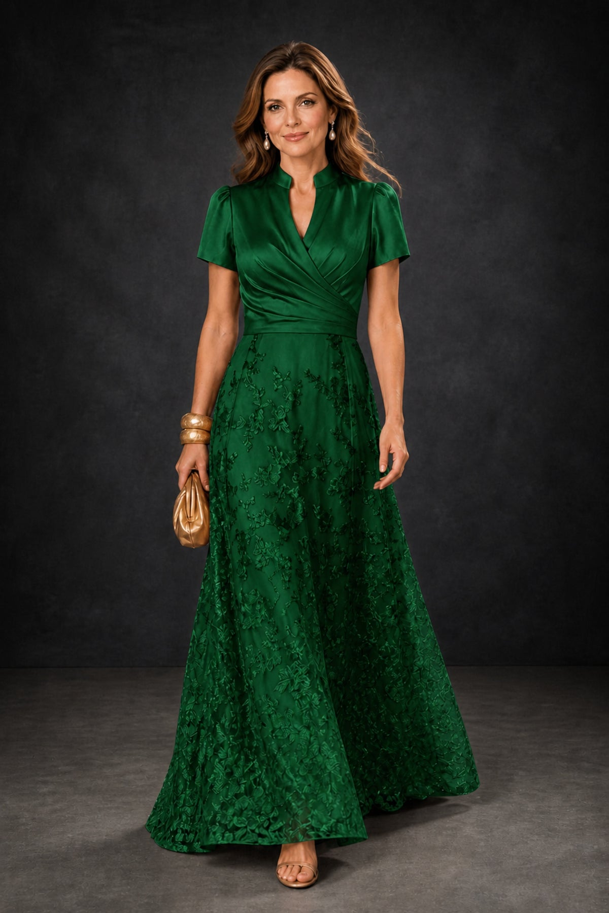 BOLODOO Emerald Green Satin Wrap V-Neck Short Sleeve Lace Glitter A-Line Floor Length Evening Gown – Formal Dress - Emerald Green