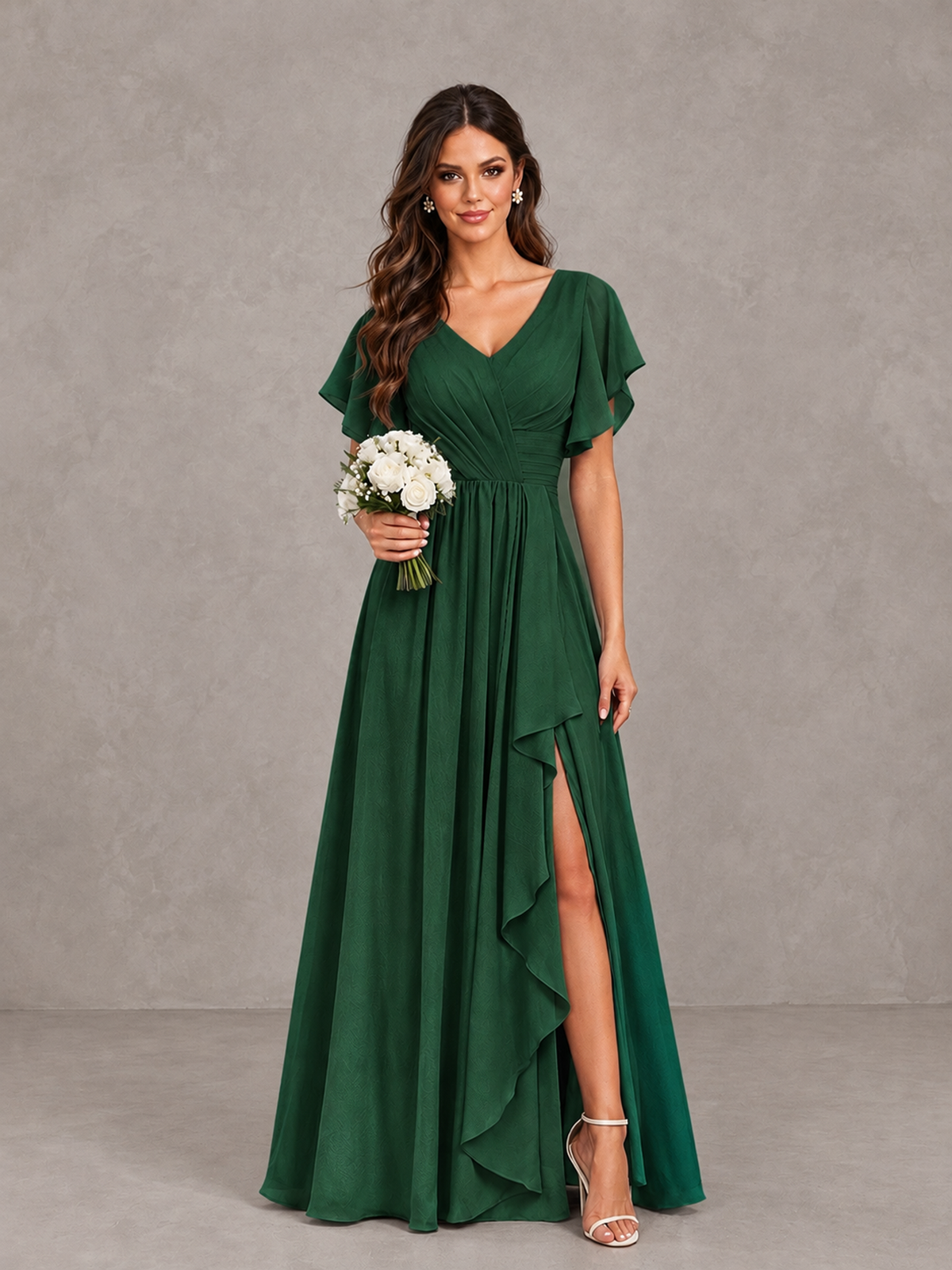 BOLODOO Emerald Green Flutter Sleeve V-Neck Bridesmaid Dress with Ruffle Slit - Emerald Green - Emerald Green_1