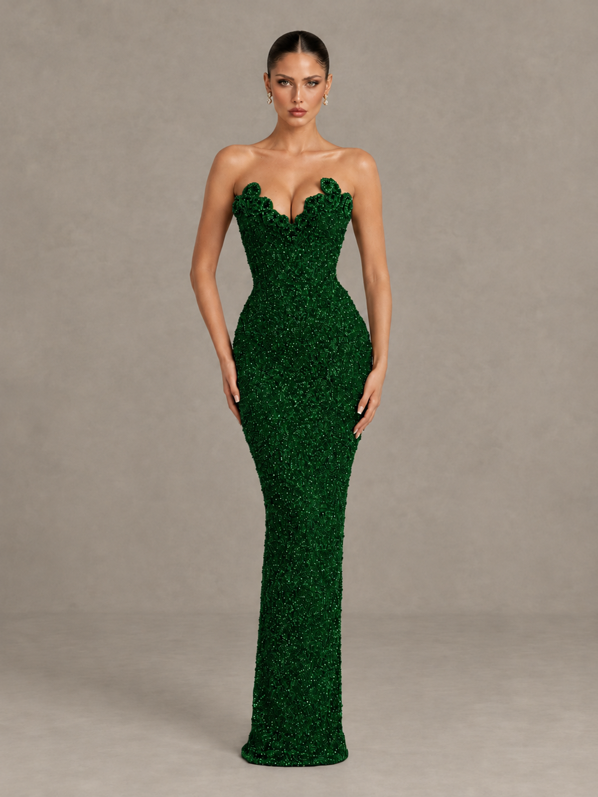 BOLODOO Emerald Green Strapless Sequin Evening Gown with Floral Neckline - Emerald Green - Emerald Green_1