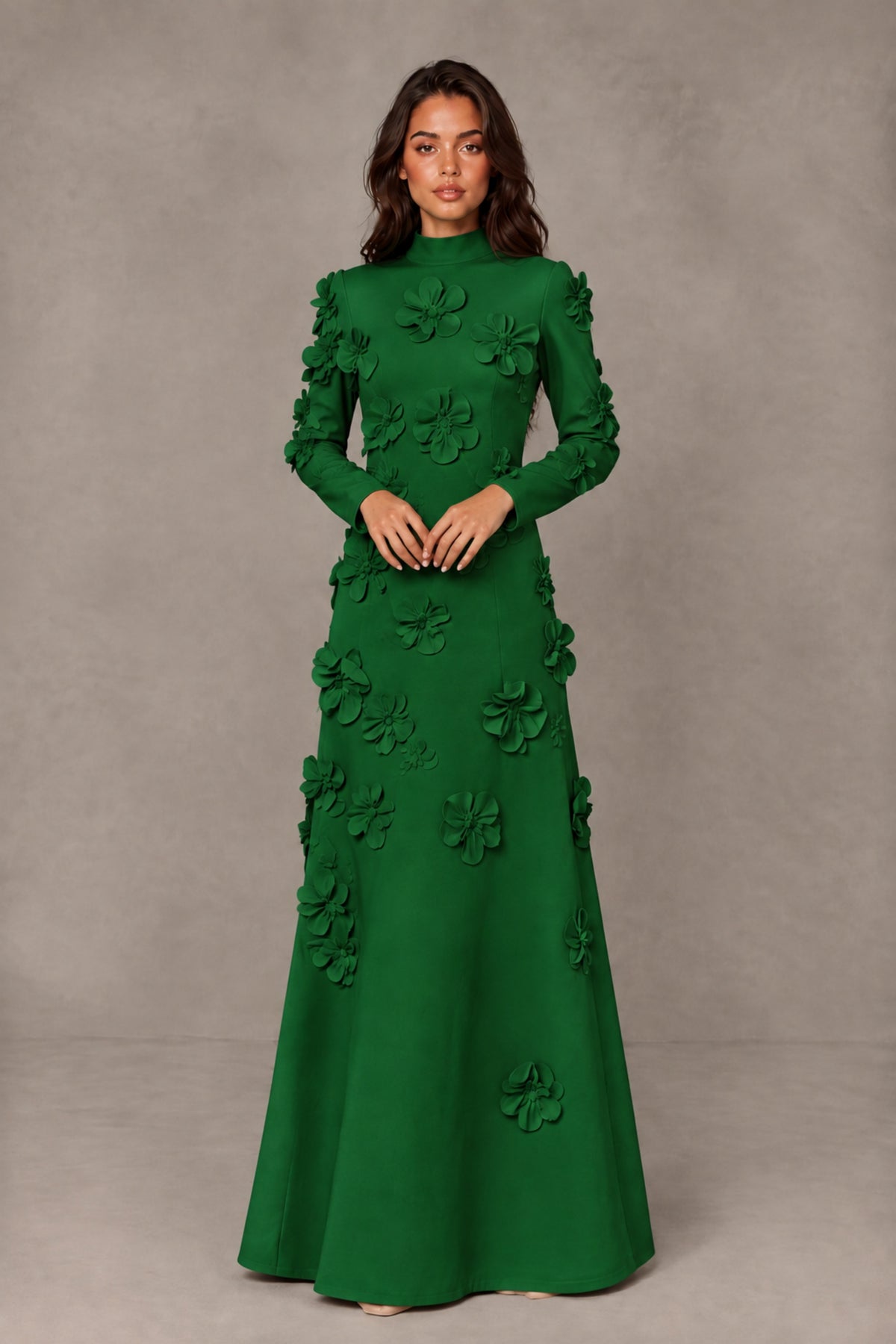 BOLODOO Emerald Green High Neck Long Sleeve 3D Floral Evening Gown - Emerald Green