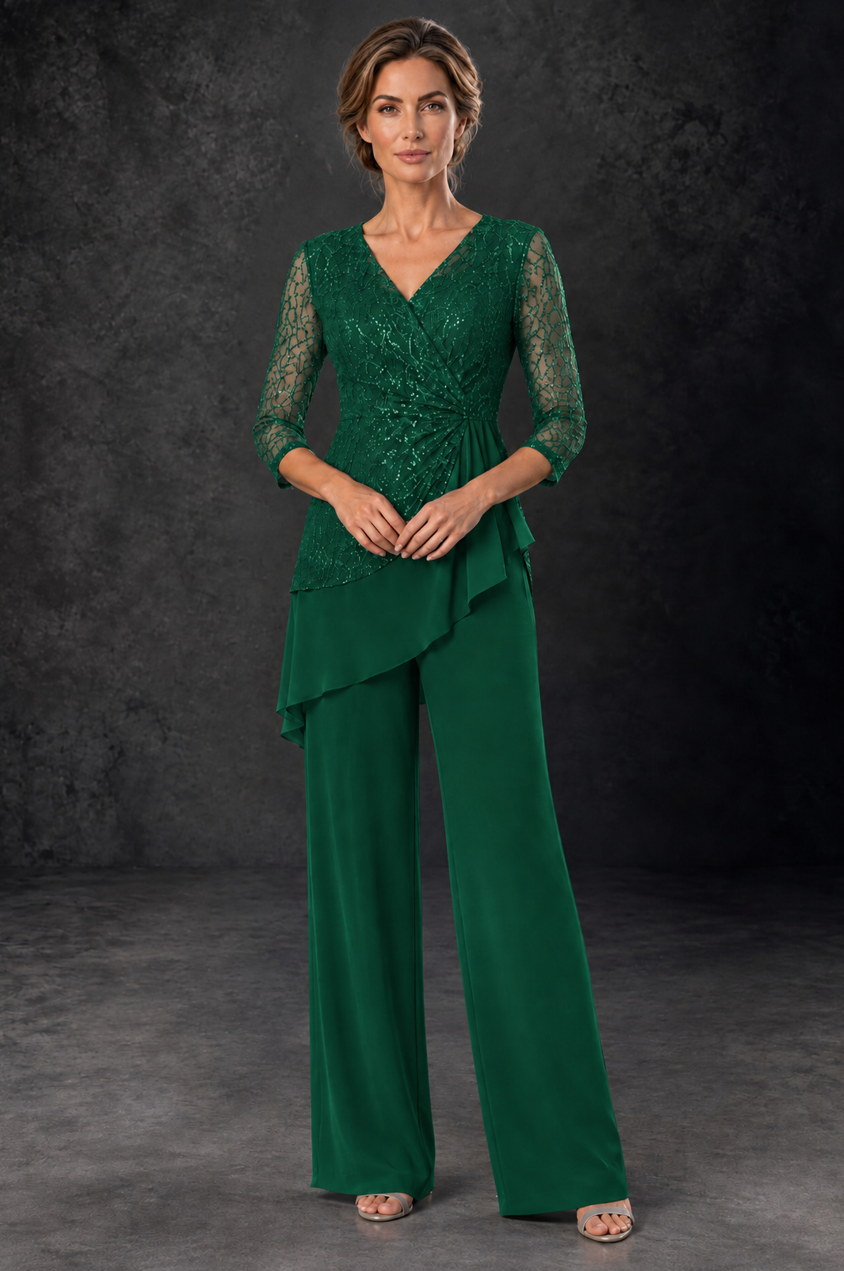 BOLODOO Emerald Green Sequin Lace 3/4 Sleeve Chiffon Mother of the Bride Pant Suit - Emerald Green - Emerald_Green_1