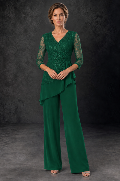 BOLODOO Emerald Green Sequin Lace 3/4 Sleeve Chiffon Mother of the Bride Pant Suit - Emerald Green - Emerald_Green_1