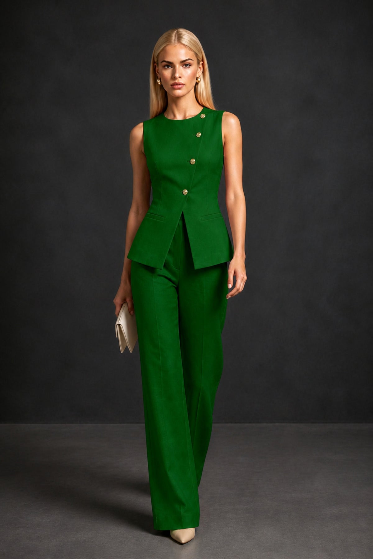 BOLODOO Emerald Green Sleeveless Vest Top & Wide-Leg Trousers Two-Piece Suit Set – Emerald Green Button Asymmetric Formal Set - Emerald Green