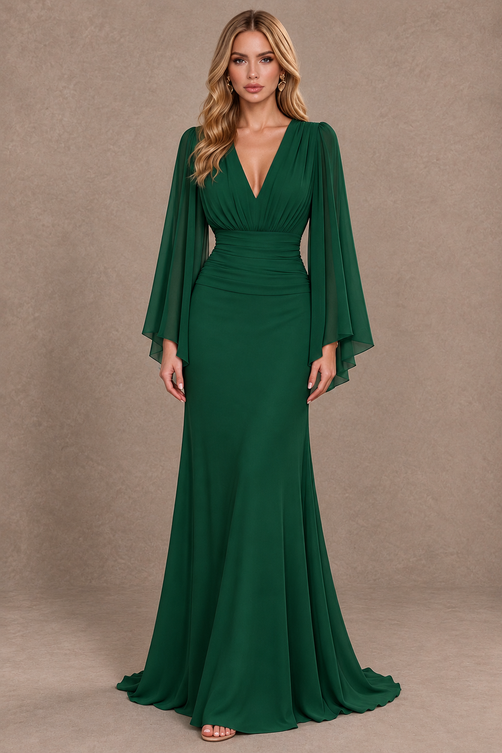 BOLODOO Emerald Green Cape Sleeve V-Neck Ruched Chiffon Evening Dress - Emerald Green - Emerald_Green_1