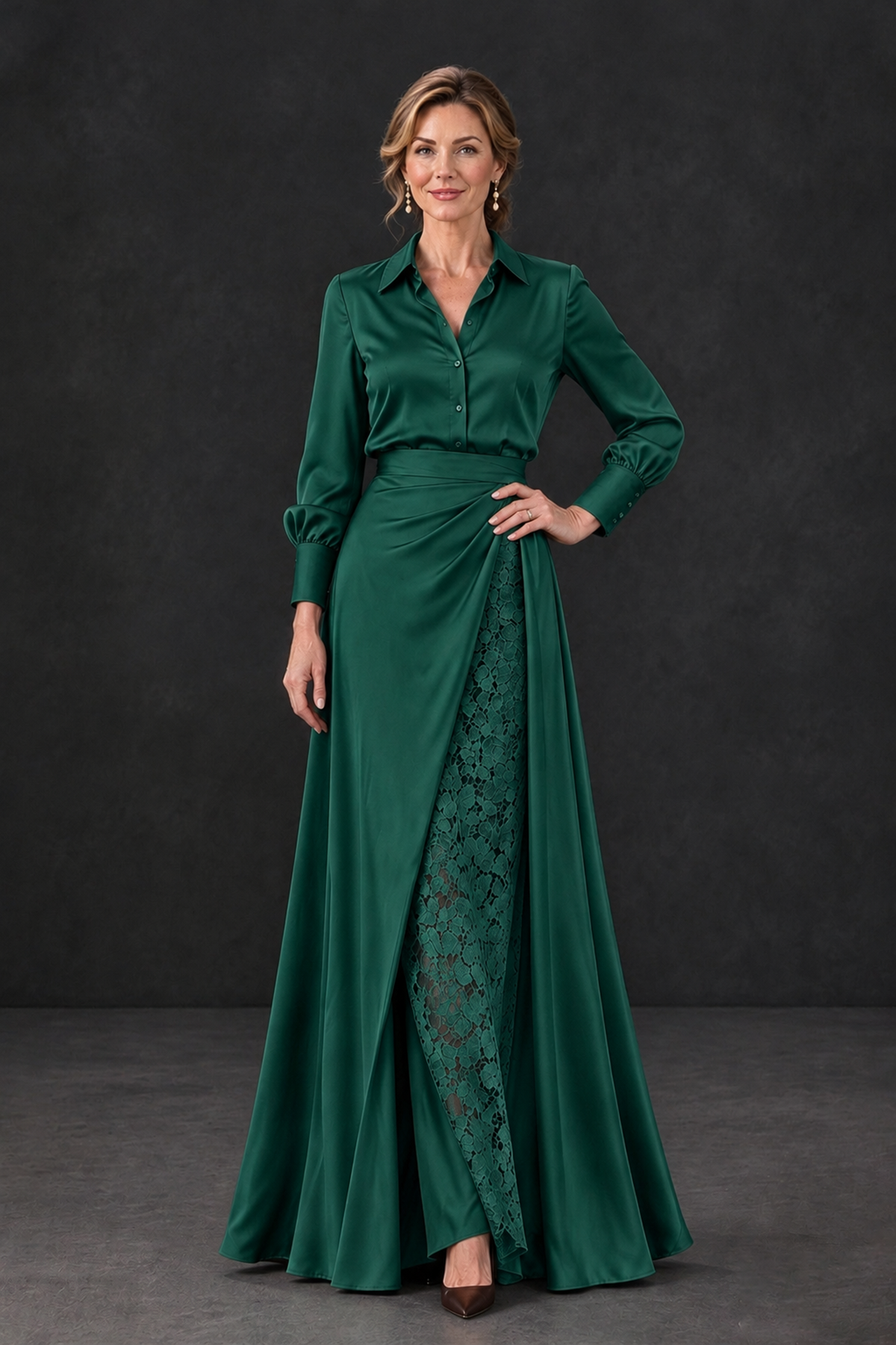 BOLODOO Emerald Green Long Sleeve Satin-Look Lace Panel Gown - Emerald Green - Emerald Green_1