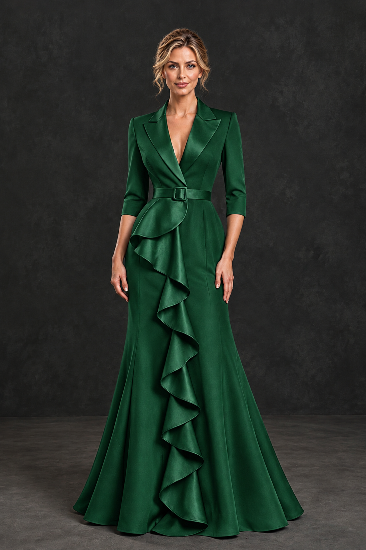 BOLODOO Emerald Green Lapel Ruffle Mother of the Bride Dress with Belt - Emerald Green - Emerald Green_1
