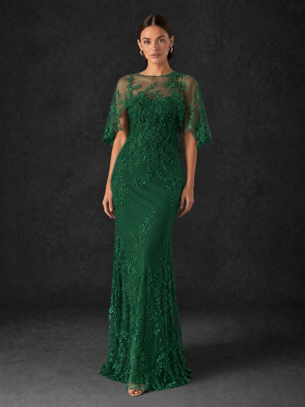 BOLODOO Mocha Emerald Green Botanical Lace Flutter Sleeve Mermaid Gown - Emerald Green