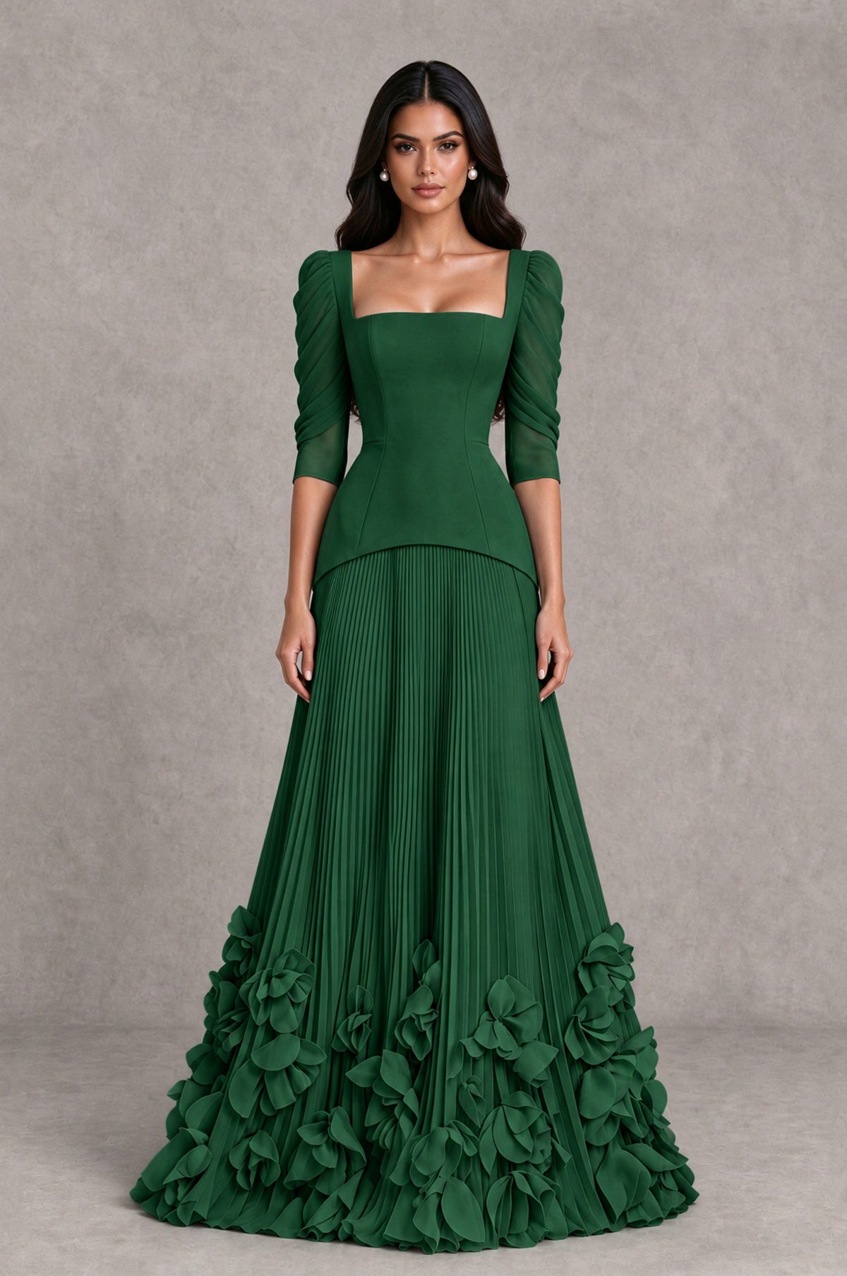 BOLODOO Emerald Green Square Neck Pleated Floral Applique Evening Dress - Emerald Green - Emerald Green_1