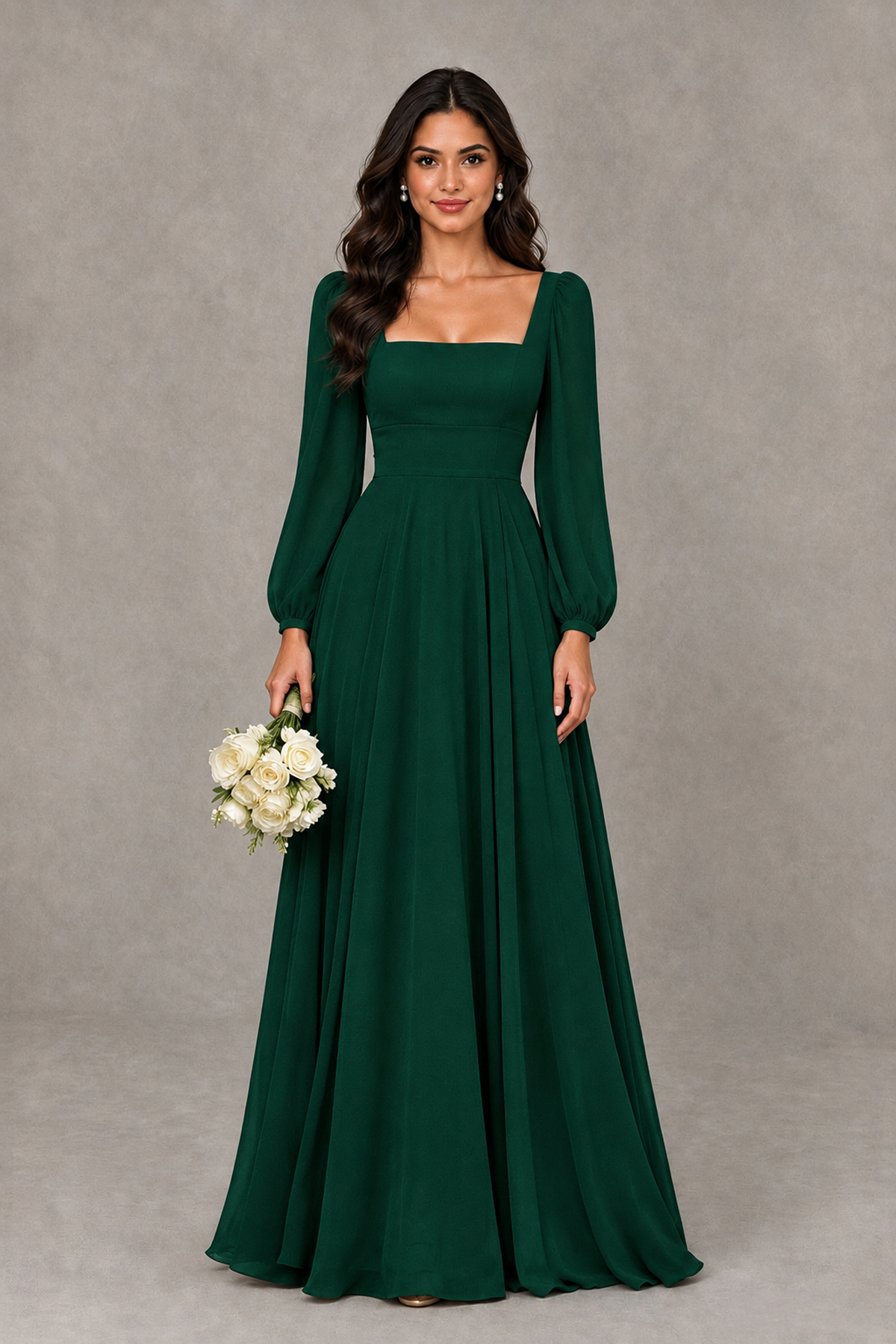 BOLODOO Emerald Green Square Neck Long Sleeve A-Line Bridesmaid Dress - Emerald Green - Emerald Green_1