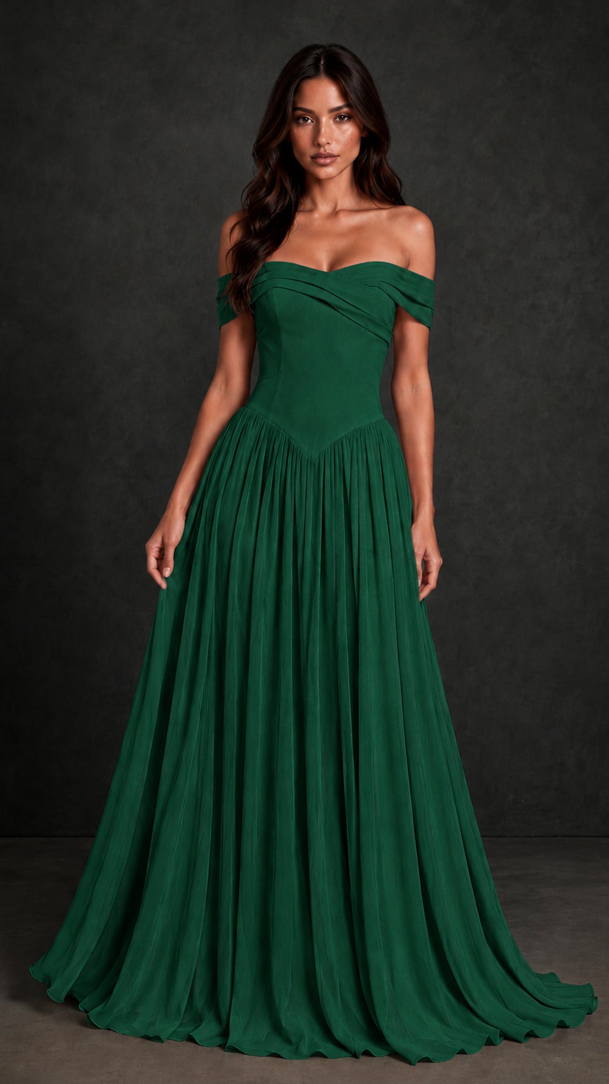 BOLODOO Emerald Green Off-Shoulder Sweetheart Corset Pleated Chiffon Maxi Dress - Emerald Green