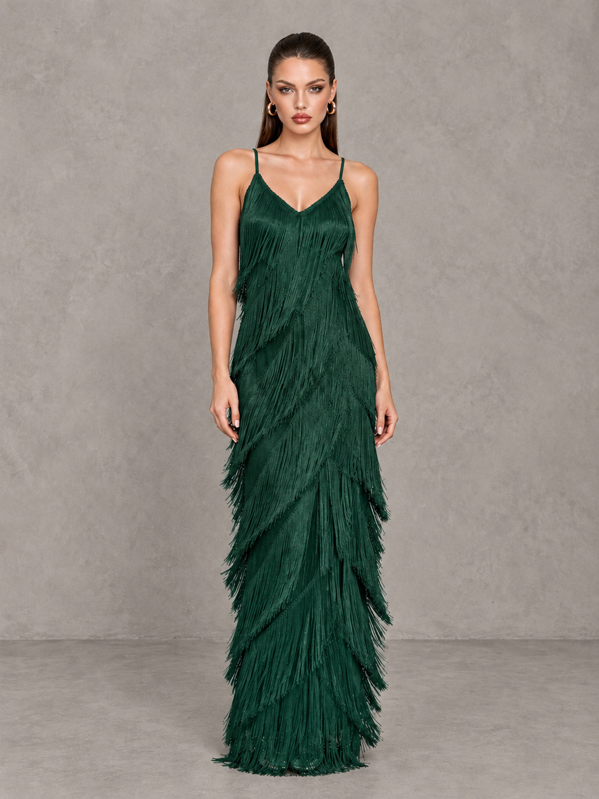 BOLODOO Emerald Green V-Neck Spaghetti Strap Fringe Maxi Evening Dress - Emerald Green - Emerald Green_1