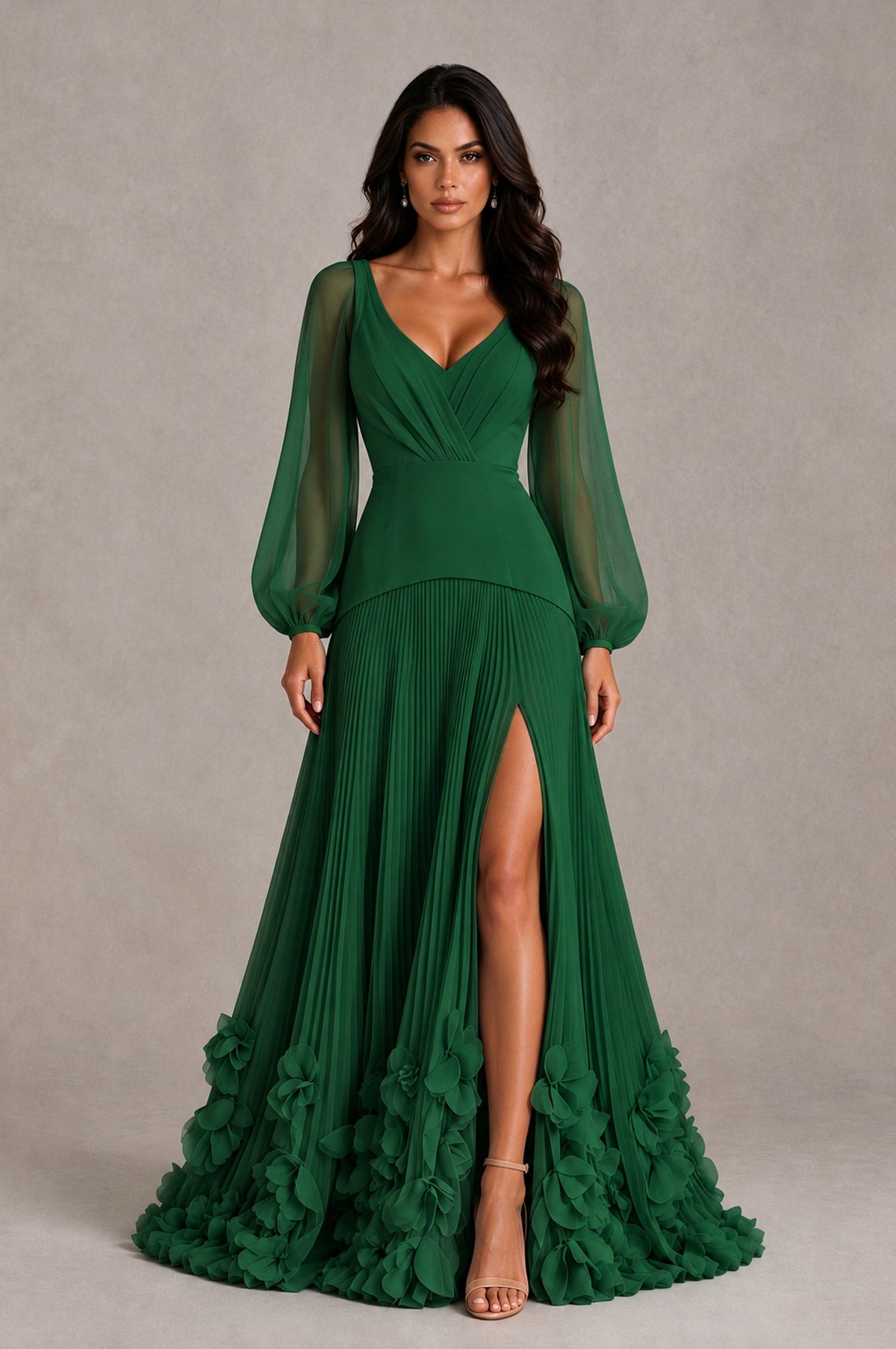 BOLODOO Emerald Green V-Neck Long Sleeve Pleated Floral Hem Evening Dress - Emerald Green - Emerald Green_1
