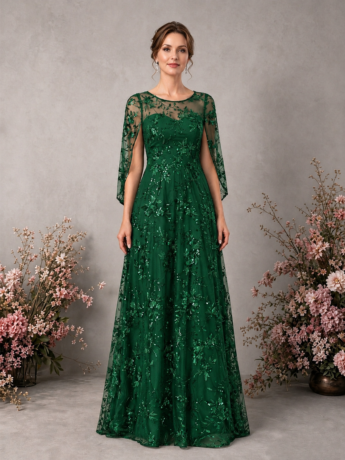 BOLODOO Emerald Green Sequin Lace Cape Sleeve Formal Evening Gown - Emerald Green - Emerald Green_1