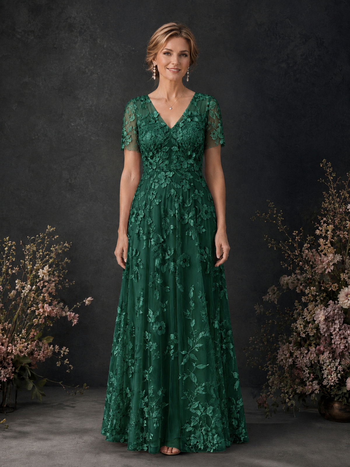 BOLODOO Emerald Green 3D Floral Embroidered Lace V-Neck Short Sleeve A-Line Maxi Dress - Emerald Green