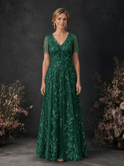 BOLODOO Emerald Green 3D Floral Embroidered Lace V-Neck Short Sleeve A-Line Maxi Dress - Emerald Green