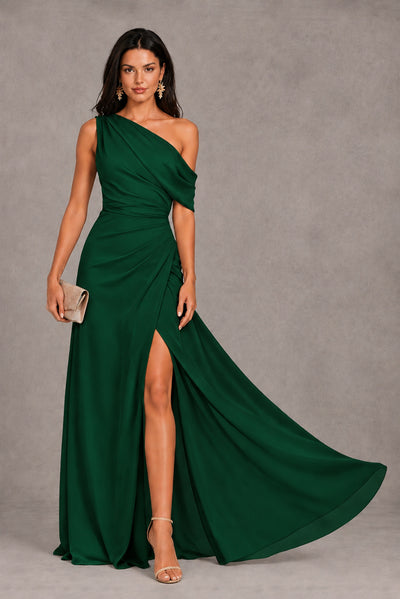 Emerald Green One-Shoulder Floor-Length Evening Gown with High Slit - Emerald Green