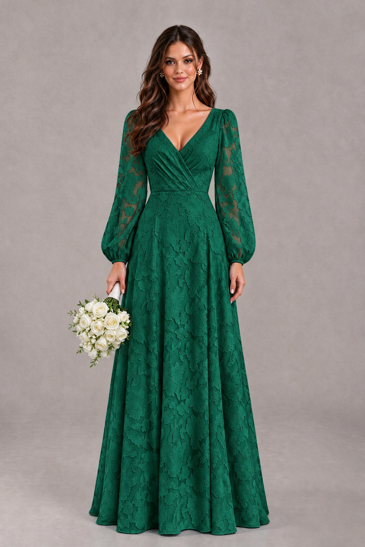 BOLODOO Emerald Green Long Sleeve V-Neck A-Line Mother of the Bride Dress - Emerald Green - Emerald Green_1