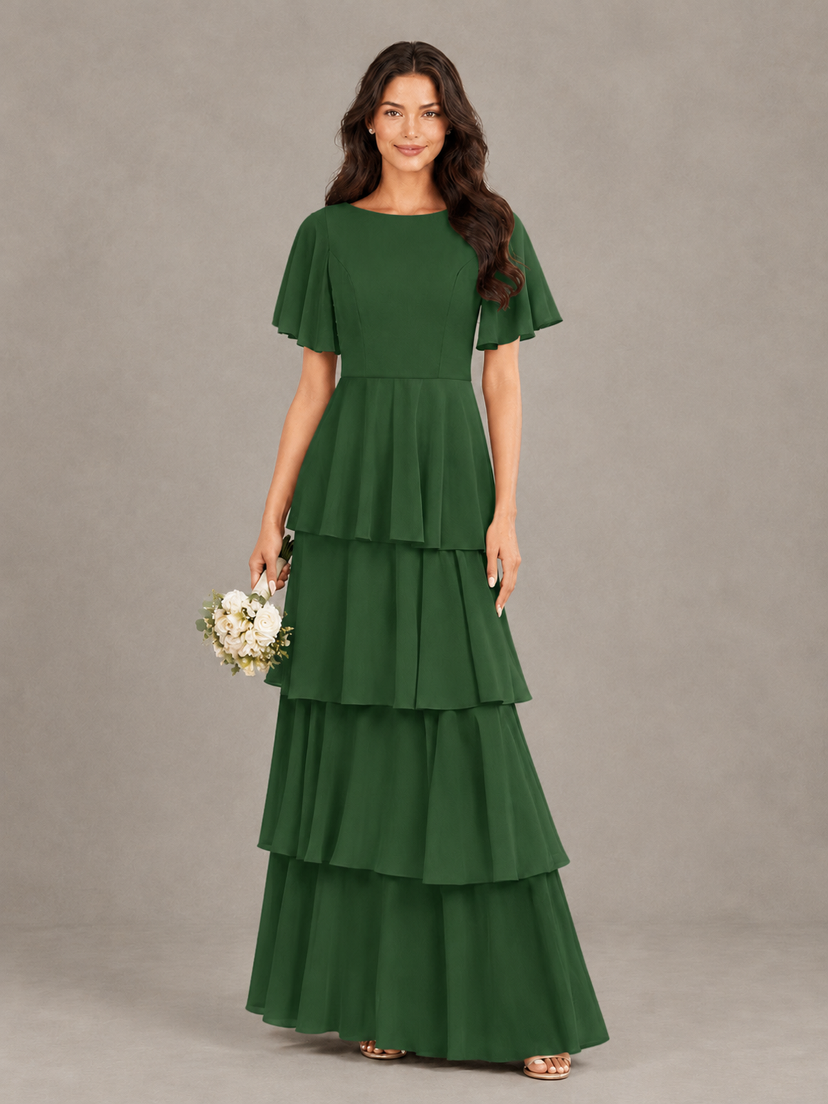 BOLODOO Emerald Green Tiered Flutter Sleeve Bridesmaid Dress - Emerald Green - Emerald Green_1