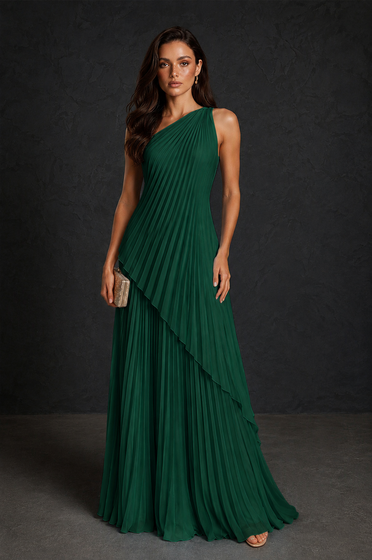 BOLODOO Emerald Green One-Shoulder Sunburst Pleated Asymmetric Layered Overlay Accordion Pleated Chiffon Maxi Dress - Emerald Green