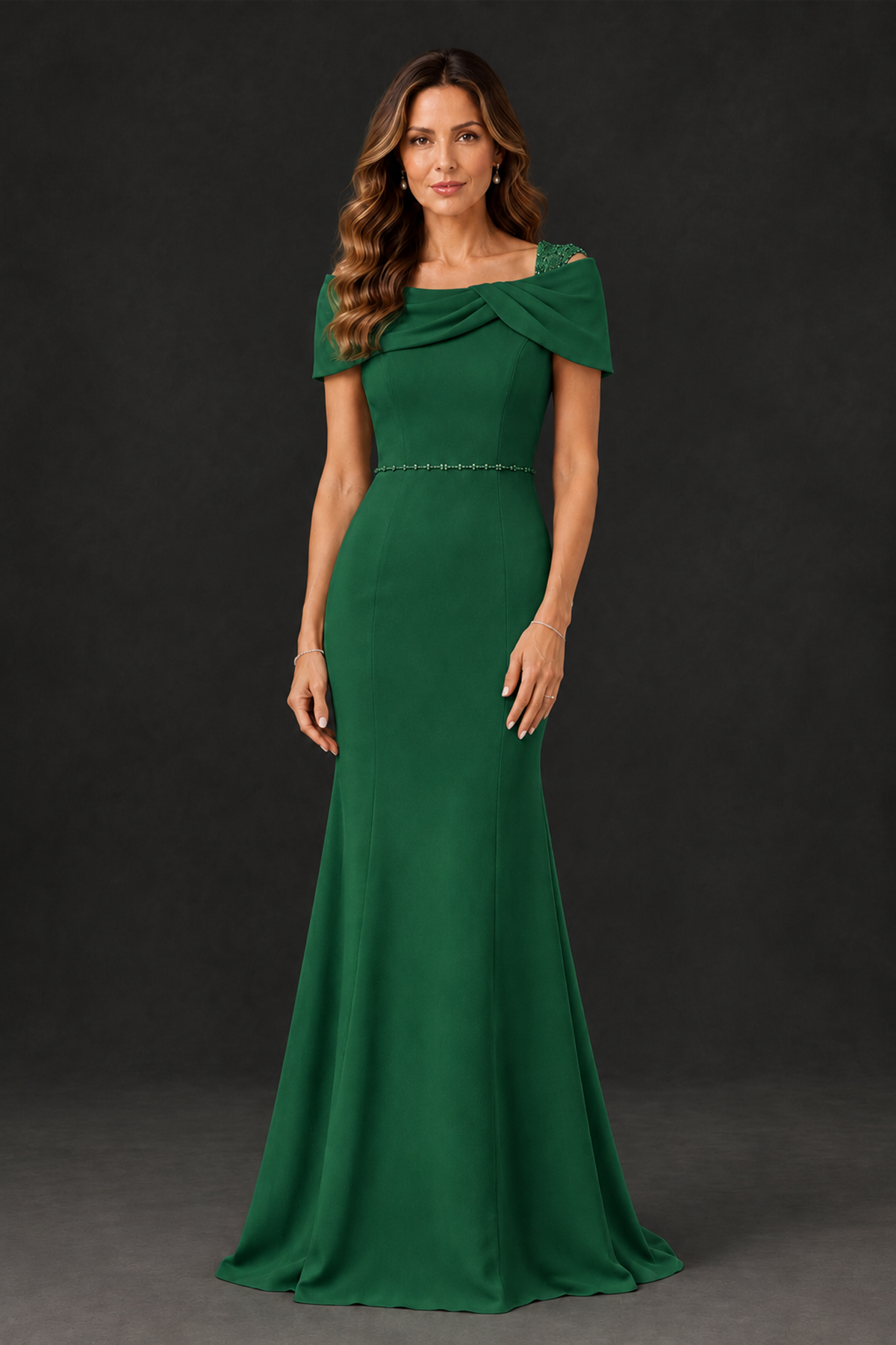 BOLODOO Emerald Green Mother of the Bride Dress with Draped Cape Detail - Emerald Green - Emerald_Green_1