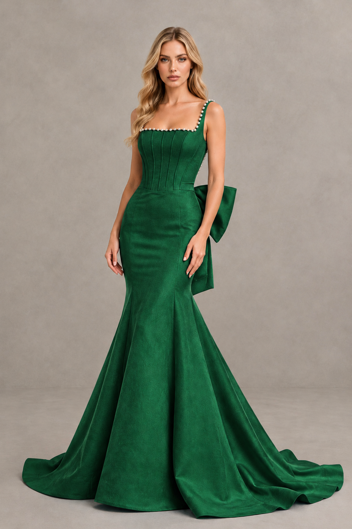 BOLODOO Emerald Green Pearl-Trim Mermaid Prom Dress with Back Bow - Emerald Green - Emerald_Green_1
