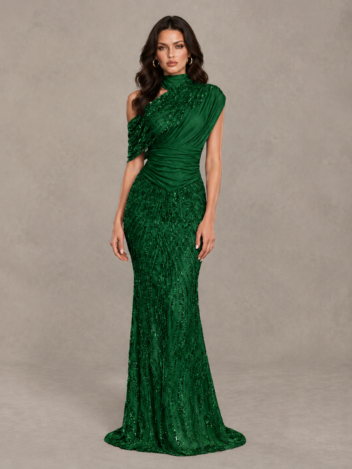 BOLODOO Emerald Green High Neck Draped Sequin Mermaid Evening Gown - Emerald Green - Emerald Green_1