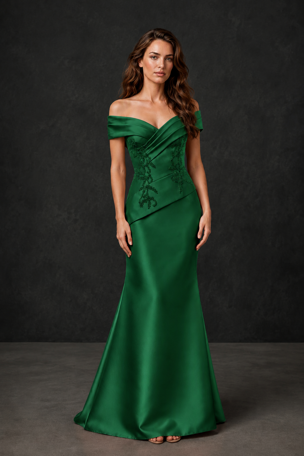 BOLODOO Emerald Green Satin Off-Shoulder Sweetheart Asymmetric Peplum Mermaid Gown with Emerald Green Floral Embroidery | MOB Evening Dress - Emerald Green